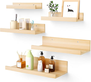 Upsimples Home Floating Shelves for Wall Decor Storage, Wall Shelves Set of 5, Wall Mounted Wood Shelves for Bedroom, Living Room, Bathroom, Kitchen, Small Picture Ledge Shelves, Natural