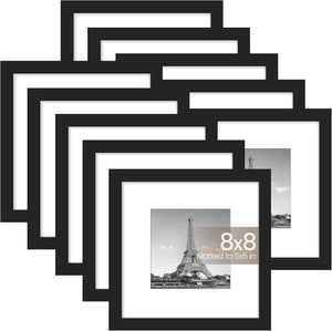 upsimples 8x8 Picture Frame Set of 10, Display Pictures 5x5 with Mat or 8x10 Without, Multi Photo Frames Collage for Wall or Tabletop Display, Black