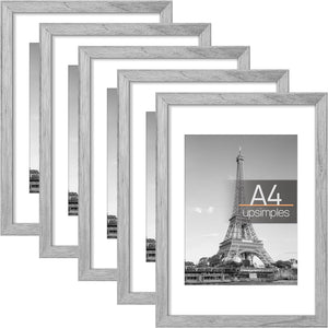 upsimples A4 Picture Frame Set of 5, Display Pictures 6x8 with Mat or 8.3x11.7 Without Mat, Wall Gallery Poster Frames, Gray