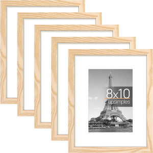 upsimples 8x10 Picture Frame Set of 5, Display Pictures 5x7 with Mat or 8x10 Without Mat, Wall Gallery Photo Frames, Natural