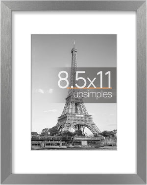 upsimples 8.5x11 Picture Frame, Display Pictures 6x8 with Mat or 8.5x11 Without Mat, Wall Hanging Photo Frame, Metallic Gray, 1 Pack