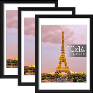 upsimples 10x14 Picture Frame Set of 3, Made of High Definition Glass for 8.5x11 with Mat or 10x14 Without Mat, Wall and Tabletop Display Photo Frames, Black