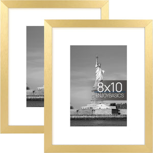 ENJOYBASICS 8x10 Picture Frame, Display Poster 5x7 with Mat or 8x10 Without Mat, Wall Gallery Photo Frames, Gold, 2 Pack