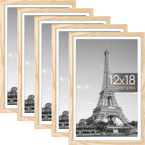 upsimples 12x18 Picture Frame Set of 5, Display Pictures 11x17 with Mat or 12x18 Without Mat, Wall Gallery Photo Frames, Natural