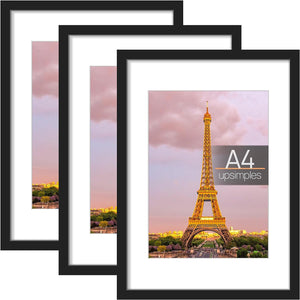 upsimples A4 Picture Frame Set of 3, Made of High Definition Glass for 6x8 with Mat or 8.3X11.7 Without Mat, Wall Mounting Photo Frames, Black
