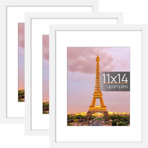 upsimples 11x14 Picture Frame Set of 3, Made of High Definition Glass for 8x10 with Mat or 11x14 Without Mat, Wall Mounting Photo Frames, White