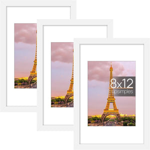 upsimples 8x12 Picture Frame Set of 3, Made of High Definition Glass for 6x8 with Mat or 8x12 Without Mat, Wall Mounting Photo Frames, White