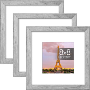 upsimples 8x8 Picture Frame Made of High Definition Glass, Display Pictures 5x5 with Mat or 8x8 Without Mat, Gallery Wall Frame Set, Gray