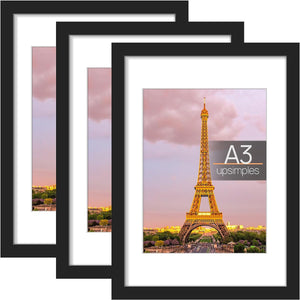 upsimples A3 Picture Frame Set of 3, Made of High Definition Glass for 8.3x11.7 with Mat or 11.7x16.5 Without Mat, Wall Mounting Photo Frames, Black