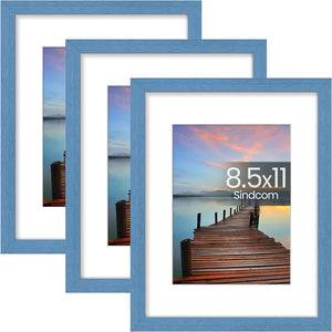 Sindcom 8.5x11 Picture Frame 3 Pack, Blue Wall Decor Photo Frame with Detachable Mat for 6x8 Prints, Horizontal and Vertical Hanging Hooks for Wall Mounting, Blue Poster Frames for Gallery Home Room Bathroom Décor