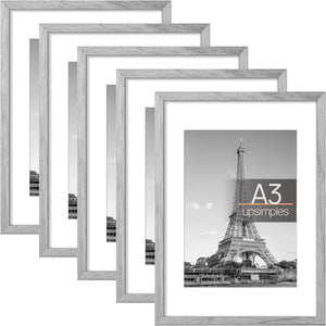 upsimples A3 Picture Frame Set of 5, Display Pictures 8.3x11.7 with Mat or 11.7x16.5 Without Mat, Wall Gallery Poster Frames, Gray