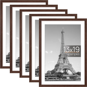 upsimples 13x19 Picture Frame Set of 5, Display Pictures 11x17 with Mat or 13x19 Without Mat, Wall Gallery Photo Frames, Brown