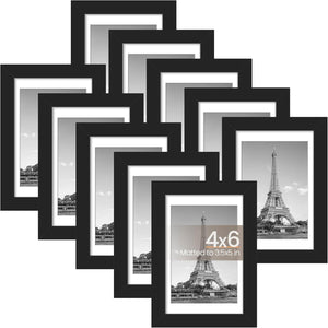 upsimples 4x6 Picture Frame Set of 10, Display Pictures 3.5x5 with Mat or 4x6 Without Mat, Multi Photo Frames Collage for Wall or Tabletop Display, Black