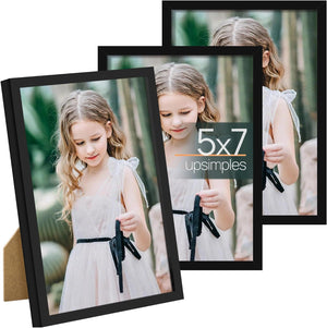 upsimples 5x7 Picture Frame Set of 3, Made of High Definition Glass for 5 x 7 Black Frames, Wall and Tabletop Display Thin Border Photo Frame for Home Décor