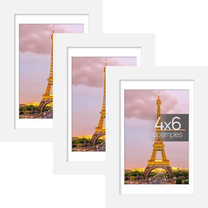 upsimples 4x6 Picture Frame Set of 3, Made of High Definition Glass for 3.5x5 with Mat or 4x6 Without Mat, Wall and Tabletop Display Photo Frames, White