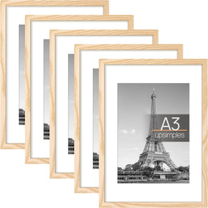 upsimples A3 Picture Frame Set of 5, Display Pictures 8.3x11.7 with Mat or 11.7x16.5 Without Mat, Wall Gallery Poster Frames, Natural