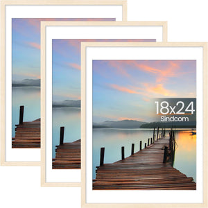 Sindcom 18x24 Poster Frame 3 Pack, Boho Wall Decor Picture Frames with Detachable Mat for 16x20 Prints, Horizontal and Vertical Hanging Hooks for Wall Mounting, Natural Photo Frame for Gallery Home Décor