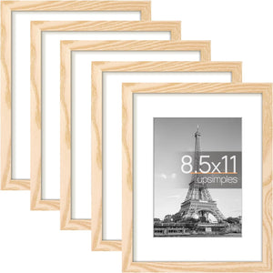 upsimples 8.5x11 Picture Frame Set of 5, Display Pictures 6x8 with Mat or 8.5x11 Without Mat, Wall Gallery Photo Frames,Natural