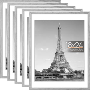 upsimples 18x24 Picture Frame Set of 5, Display Pictures 16x20 with Mat or 18x24 Without Mat, Wall Gallery Photo Frames, Gray