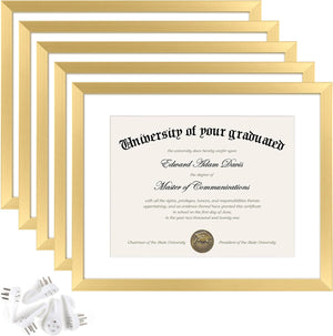 upsimples 11x14 Diploma Frame with Mat for 8.5x11 Certificate Document Frame with High Definition Glass,5 Pack Picture Frames for Wall and Tabletop, Gold