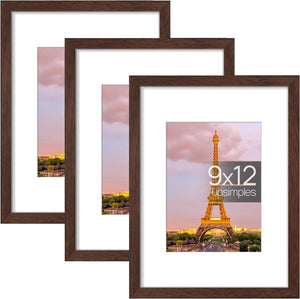 upsimples 9x12 Picture Frame Set of 3, Made of High Definition Glass for 6x8 with Mat or 9x12 Without Mat, Wall and Tabletop Display Photo Frames, Brown