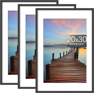 20x30 Poster Frame 3 Pack, Picture Frames with Detachable Mat for 16x24 Prints, Horizontal and Vertical Hanging Hooks for Wall Mounting, Charcoal Gray Photo Frame for Gallery Home Décor