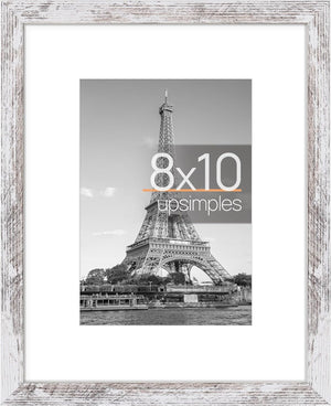 upsimples 8x10 Picture Frame, Display Pictures 5x7 with Mat or 8x10 Without Mat, Wall Hanging Photo Frame, Rustic White, 1 Pack