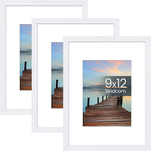Sindcom 9x12 Picture Frame 3 Pack, Poster Frames with Detachable Mat for 6x8 Prints, Horizontal and Vertical Hanging Hooks for Wall Mounting, White Photo Frame for Gallery Home Décor