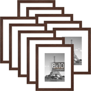 upsimples 8x10 Picture Frame Set of 10,Display Pictures 5x7 with Mat or 8x10 Without Mat, Multi Photo Frames Collage for Wall or Tabletop Display, Real Glass, Brown