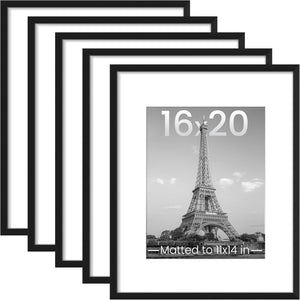 upsimples 16x20 Picture Frame Set of 5,Display Pictures 11x14 with Mat or 16x20 Without Mat,Wall Gallery Poster Frames,Black