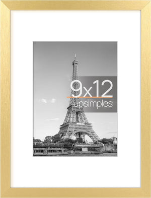 upsimples 9x12 Picture Frame, Display Pictures 6x8 with Mat or 9x12 Without Mat, Wall Hanging Photo Frame, Gold, 1 Pack