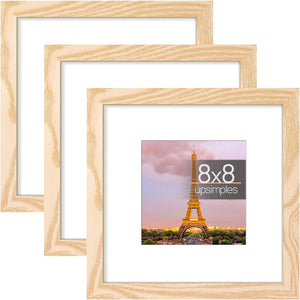upsimples 8x8 Picture Frame Made of High Definition Glass, Display Pictures 5x5 with Mat or 8x8 Without Mat, Gallery Wall Frame Set, Natural