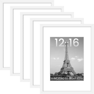 upsimples 12x16 Picture Frame Set of 5, Display Pictures 8.5x11 with Mat or 12 x 16 Without, Wall Gallery Poster Frames, White