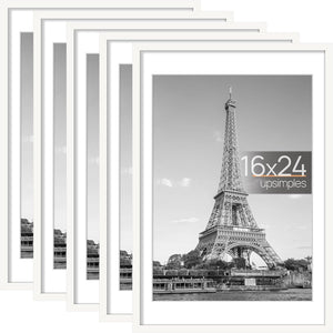 upsimples 16x24 Picture Frame Set of 5, Display Pictures 14x20 with Mat or 16x24 Without Mat, Wall Gallery Photo Frames, White