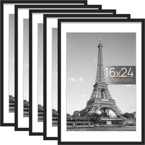 upsimples 16x24 Picture Frame Set of 5, Display Pictures 14x20 with Mat or 16x24 Without Mat, Wall Gallery Photo Frames, Black