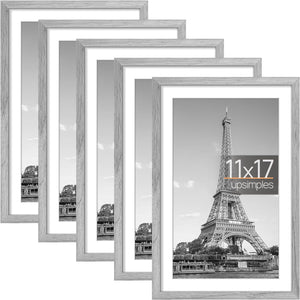 upsimples 11x17 Picture Frame Set of 5, Display Pictures 9x15 with Mat or 11x17 Without Mat, Wall Gallery Photo Frames, Gray