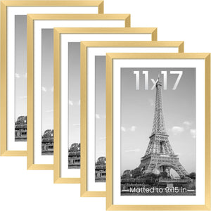 upsimples 11x17 Picture Frame Set of 5, Display Pictures 9x15 with Mat or 11x17 Without Mat, Wall Gallery Photo Frames, Gold