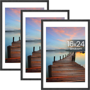Sindcom 16x24 Poster Frame 3 Pack, Picture Frames with Detachable Mat for 14x20 Prints, Horizontal and Vertical Hanging Hooks for Wall Mounting, Charcoal Gray Photo Frame for Gallery Home Décor