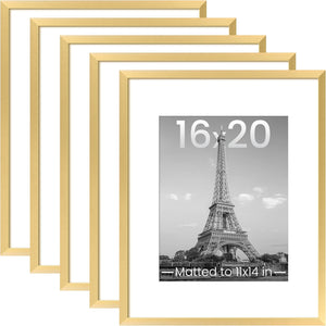 upsimples 16x20 Picture Frame Set of 5, Display Pictures 11x14 with Mat or 16x20 Without Mat, Wall Gallery Poster Frames, Gold