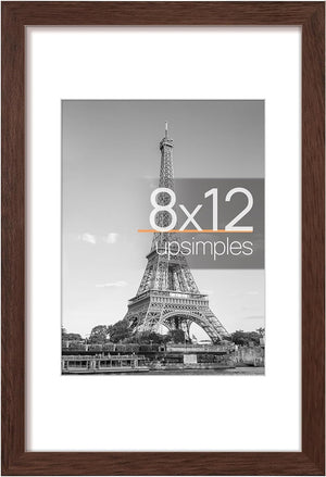 upsimples 8x12 Picture Frame, Display Pictures 6x8 with Mat or 8x12 Without Mat, Wall Hanging Photo Frame, Brown, 1 Pack