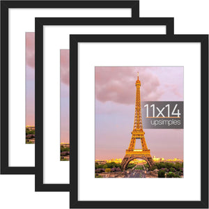 upsimples 11x14 Picture Frame Set of 3,Made of High Definition Glass for 8x10 with Mat or 11x14 Without Mat,Wall Mounting Photo Frame Black