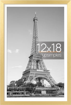 upsimples 12x18 Picture Frame, Display Pictures 11x17 with Mat or 12x18 Without Mat, Wall Hanging Photo Frame, Gold, 1 Pack