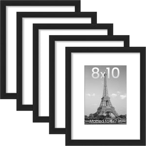 upsimples 8x10 Picture Frame Set of 5,Display Pictures 5x7 with Mat or 8x10 Without Mat,Wall Gallery Photo Frames, Black