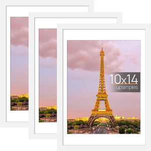 upsimples 10x14 Picture Frame Set of 3, Made of High Definition Glass for 8.5x11 with Mat or 10x14 Without Mat, Wall and Tabletop Display Photo Frames, White