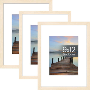 Sindcom 9x12 Picture Frame 3 Pack, Boho Wall Decor Poster Frames with Detachable Mat for 6x8 Prints, Horizontal and Vertical Hanging Hooks for Wall Mounting, Natural Photo Frame for Gallery Home Décor