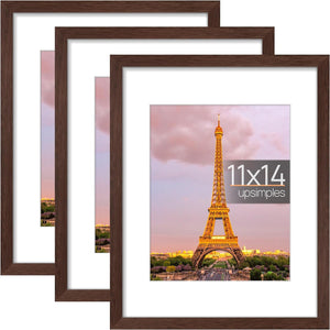 upsimples 11x14 Picture Frame Set of 3, Made of High Definition Glass for 8x10 with Mat or 11x14 Without Mat, Wall and Tabletop Display Photo Frames, Brown