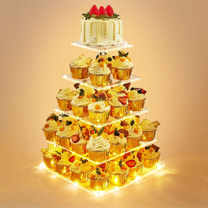 upsimples 5 Tier Acrylic Cupcake Stand, Dessert Tower for 56 Cupcakes, Square Cupcake Display Stand with Yellow LED Light for Birthday, Baby Shower, Tea Party and Wedding Décor