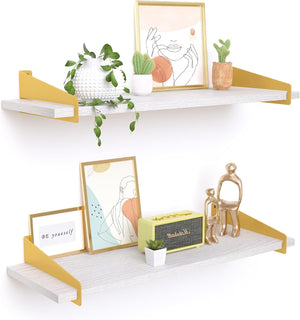 upsimples Wall Shelves for Decor, Long White Gold Floating Shelves Wall Mounted Set of 2, Sturdy Rustic Wood Shelves Hanging for Bedroom, Living Room, Bathroom, Kitchen, Corner, Book Storage 23.6inch