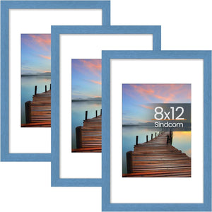 Sindcom 8x12 Picture Frame 3 Pack, Blue Wall Decor Photo Frames with Detachable Mat for 6x8 Prints, Horizontal and Vertical Hanging Hooks for Wall Mounting, Blue Poster Frames for Gallery Home Room Bathroom Décor