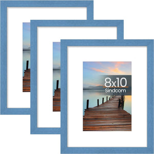 Sindcom 8x10 Picture Frame 3 Pack, Blue Wall Decor Photo Frame with Detachable Mat for 5x7 Prints, Horizontal and Vertical Hanging Hooks for Wall Mounting, Blue Poster Frames for Gallery Home Room Bathroom Décor